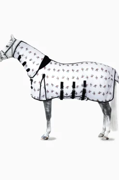 horze Couverture Anti-Mouches Defender Avec Couvre-Encolure Et Rabat Sur Le Ventre White/ Fly Print New